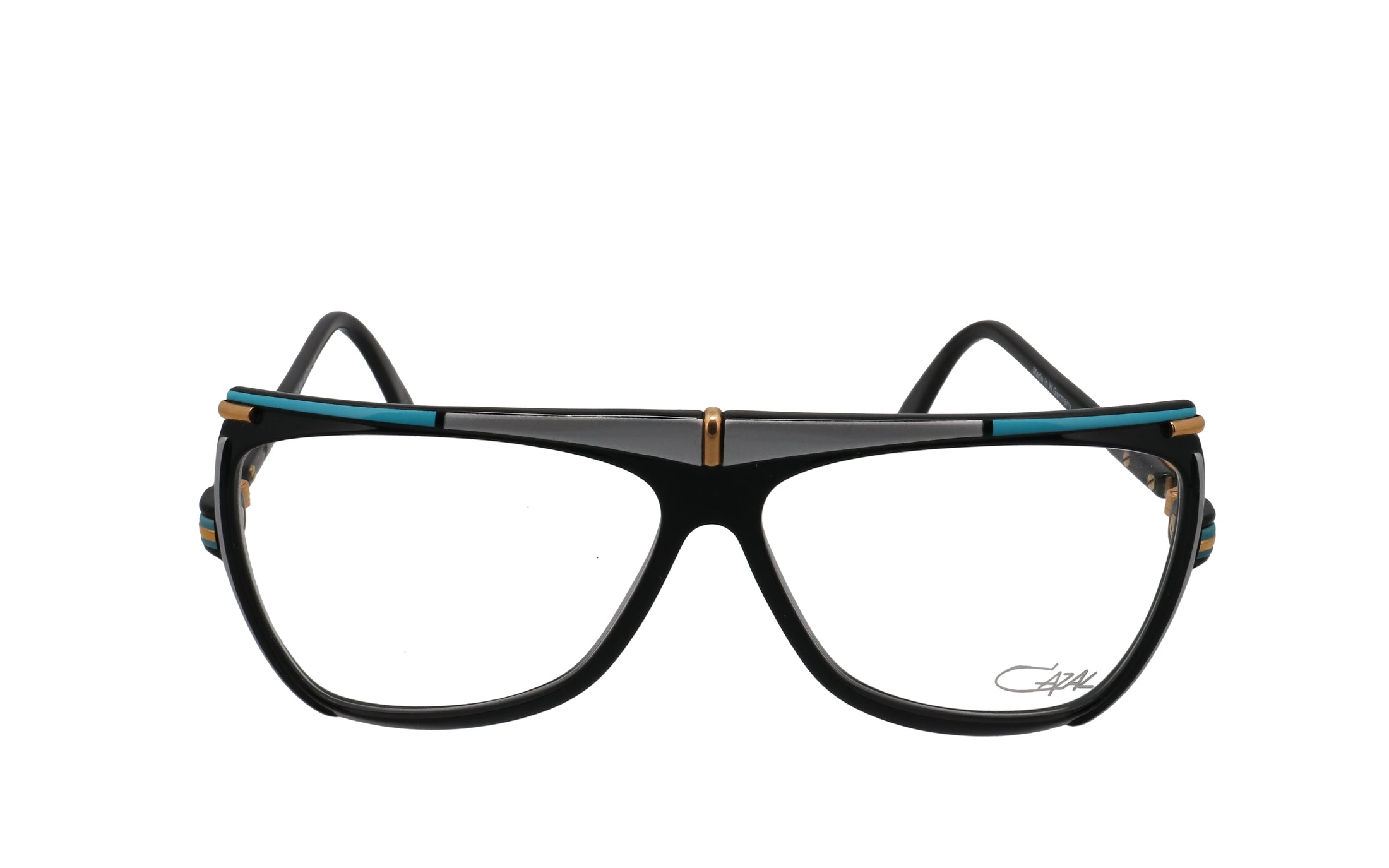 Chanel sunglasses with turquoise, gold and black square frames and black  lenses